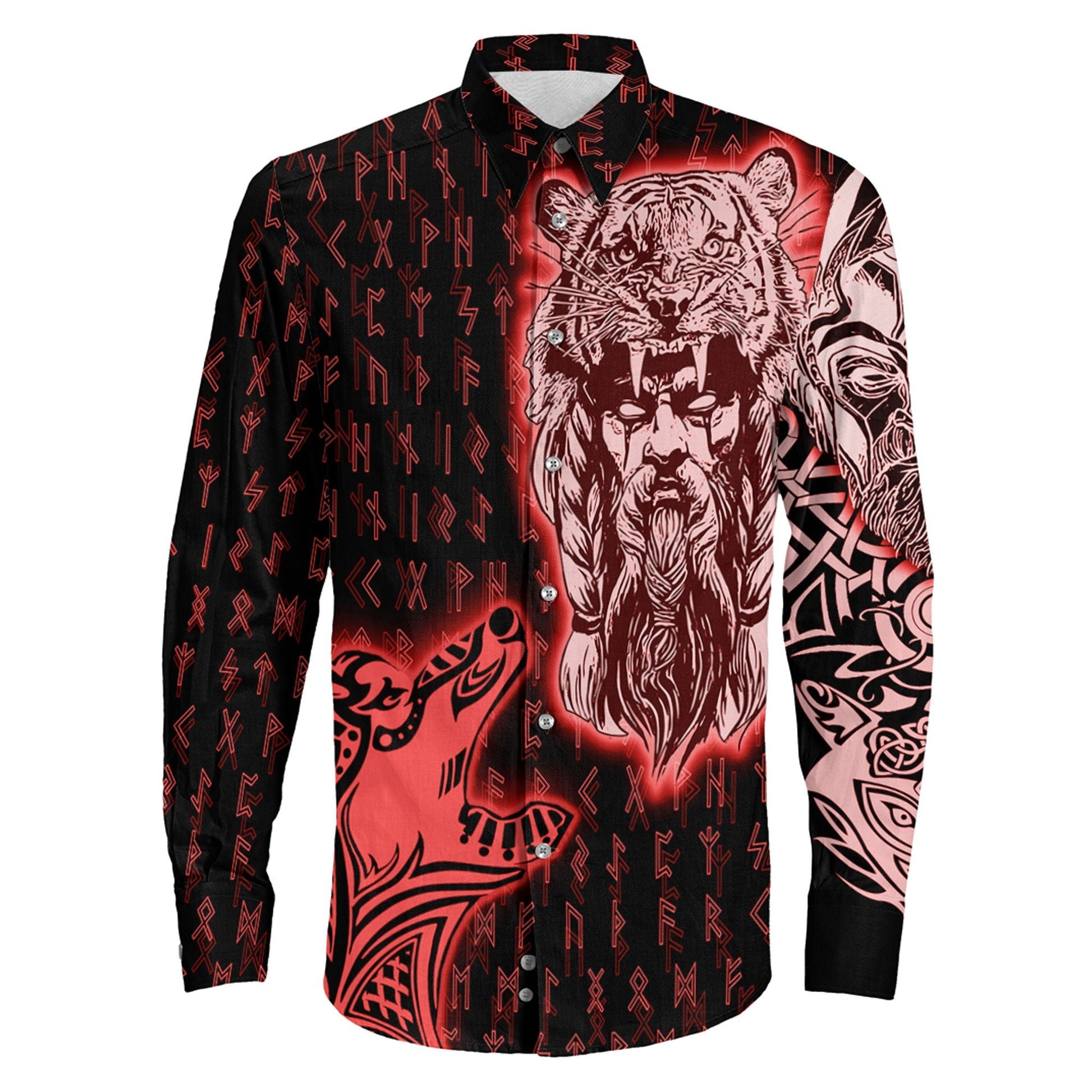 VikingStyle Clothing -Odin and Wolf Viking Red Long Sleeve Button Shirt