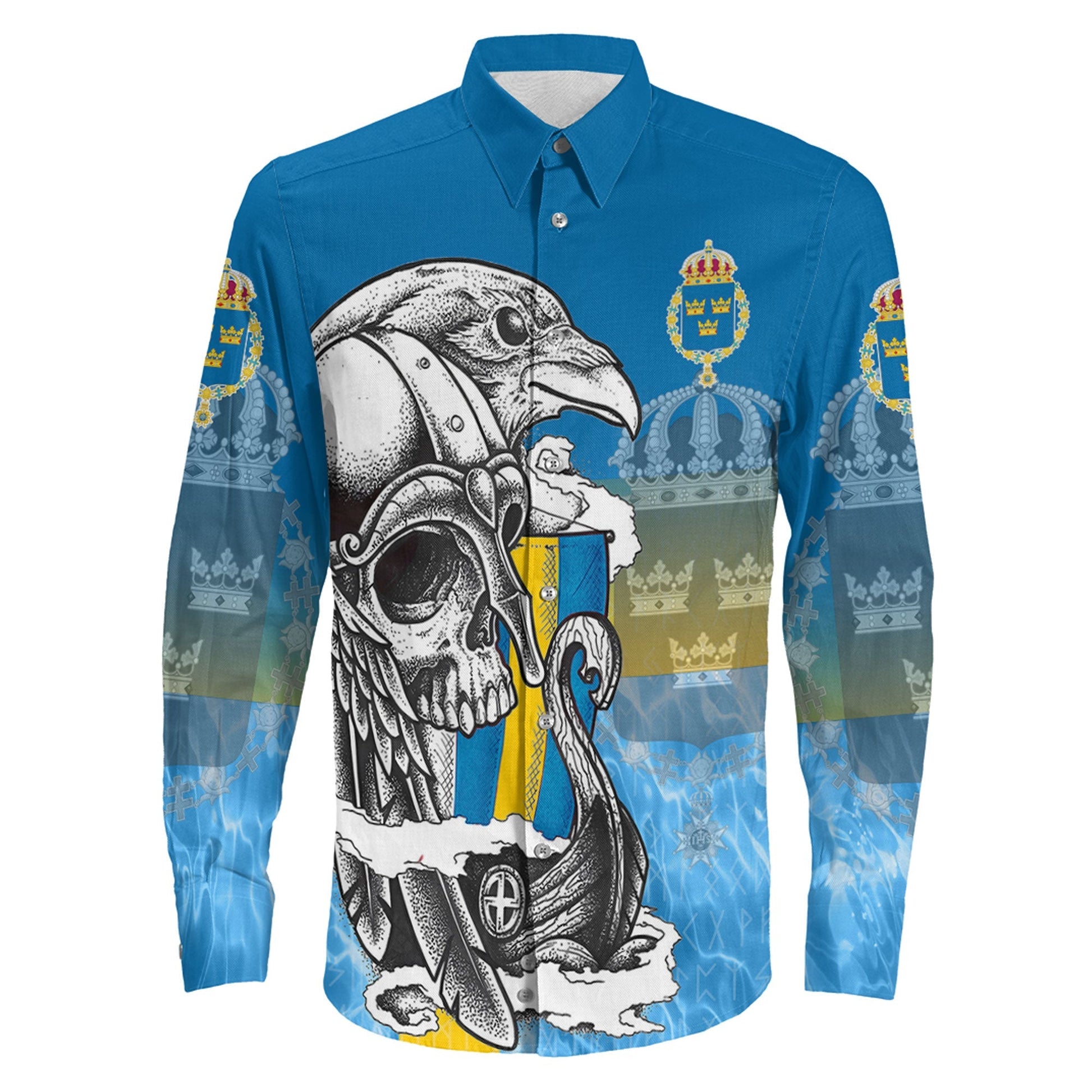 Sweden Raven Drakkar and Skull Long Sleeve Button Shirt