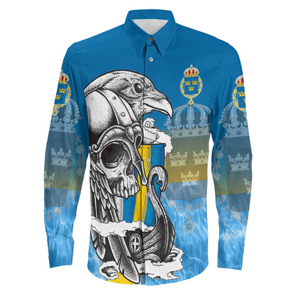 Sweden Raven Drakkar and Skull Long Sleeve Button Shirt