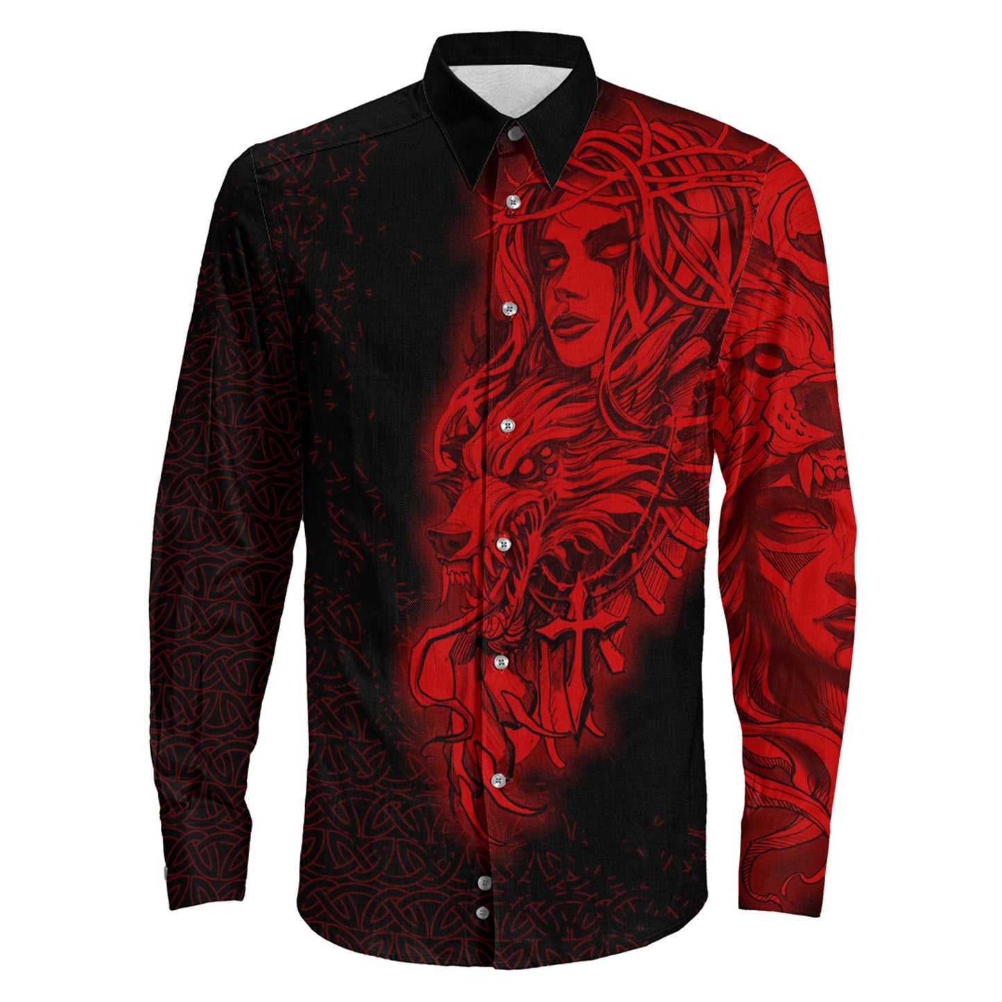 Valkyries And Wolf Red Long Sleeve Button Shirt