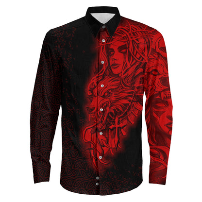 Valkyries And Wolf Red Long Sleeve Button Shirt