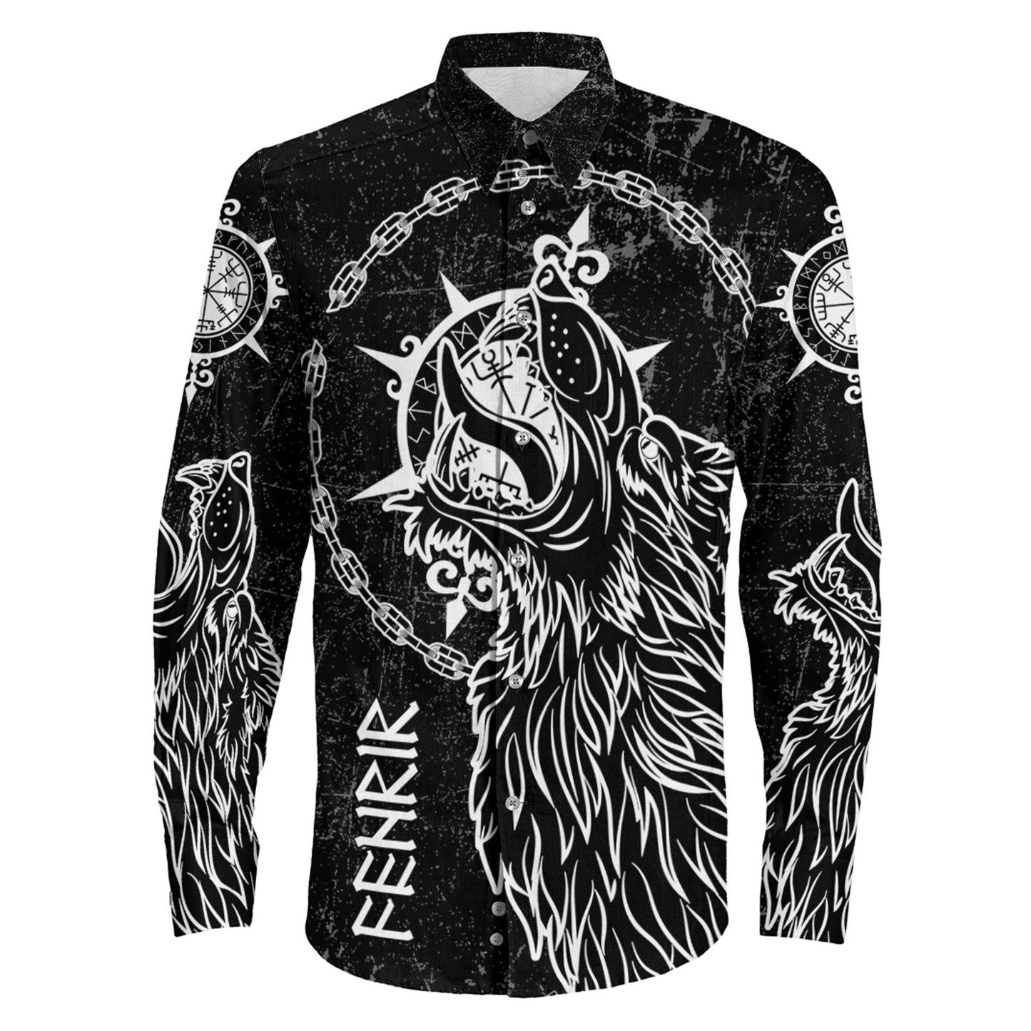 Fenrir Wolf Mythology On White Long Sleeve Button Shirt