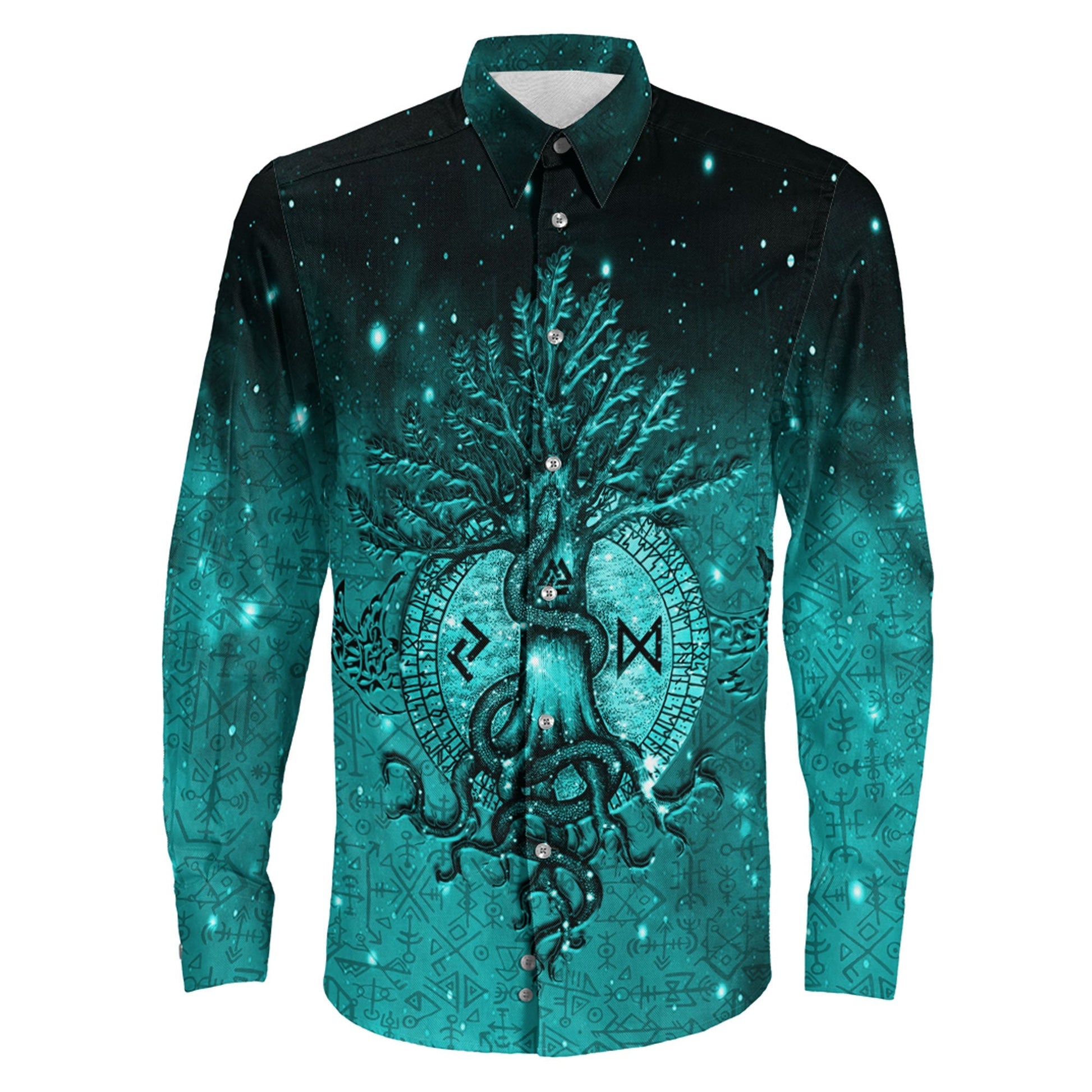 Yggdrasil Viking Cyan Long Sleeve Button Shirt A31