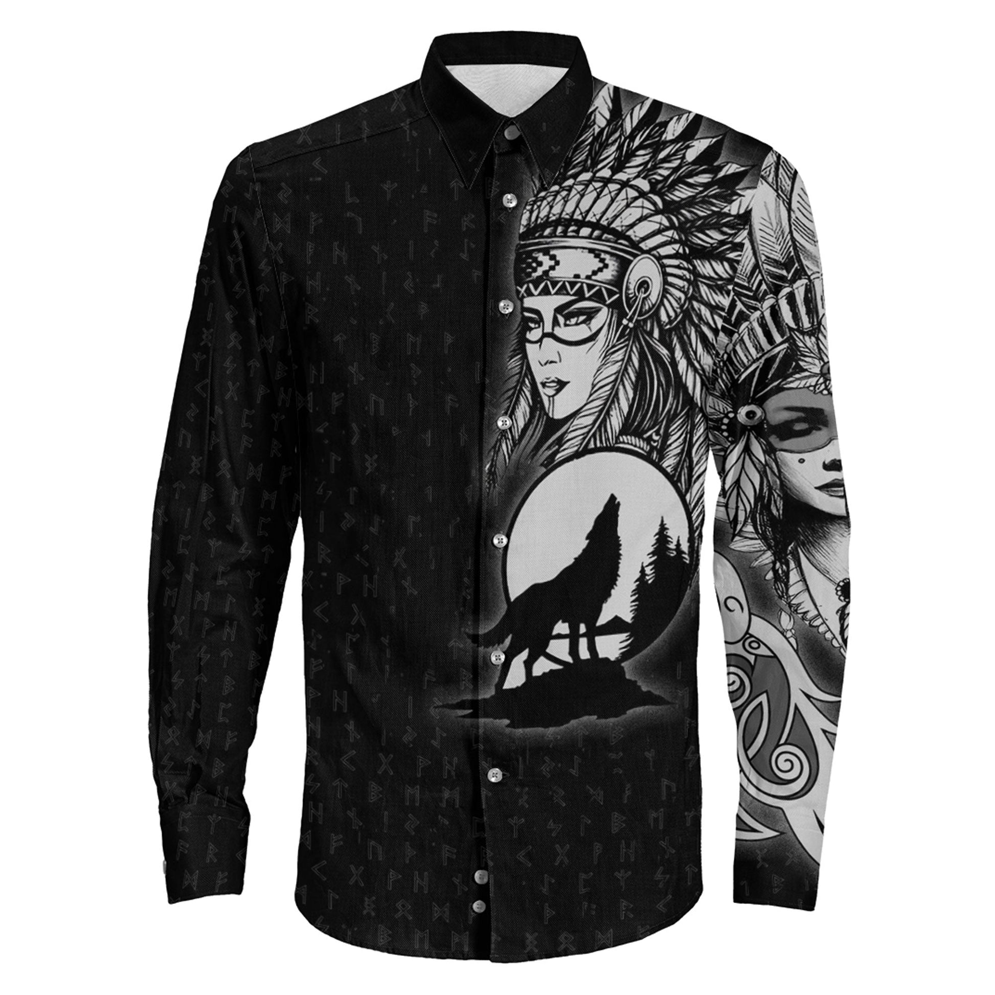 Valkyries Moon Raven Wolf Long Sleeve Button Shirt
