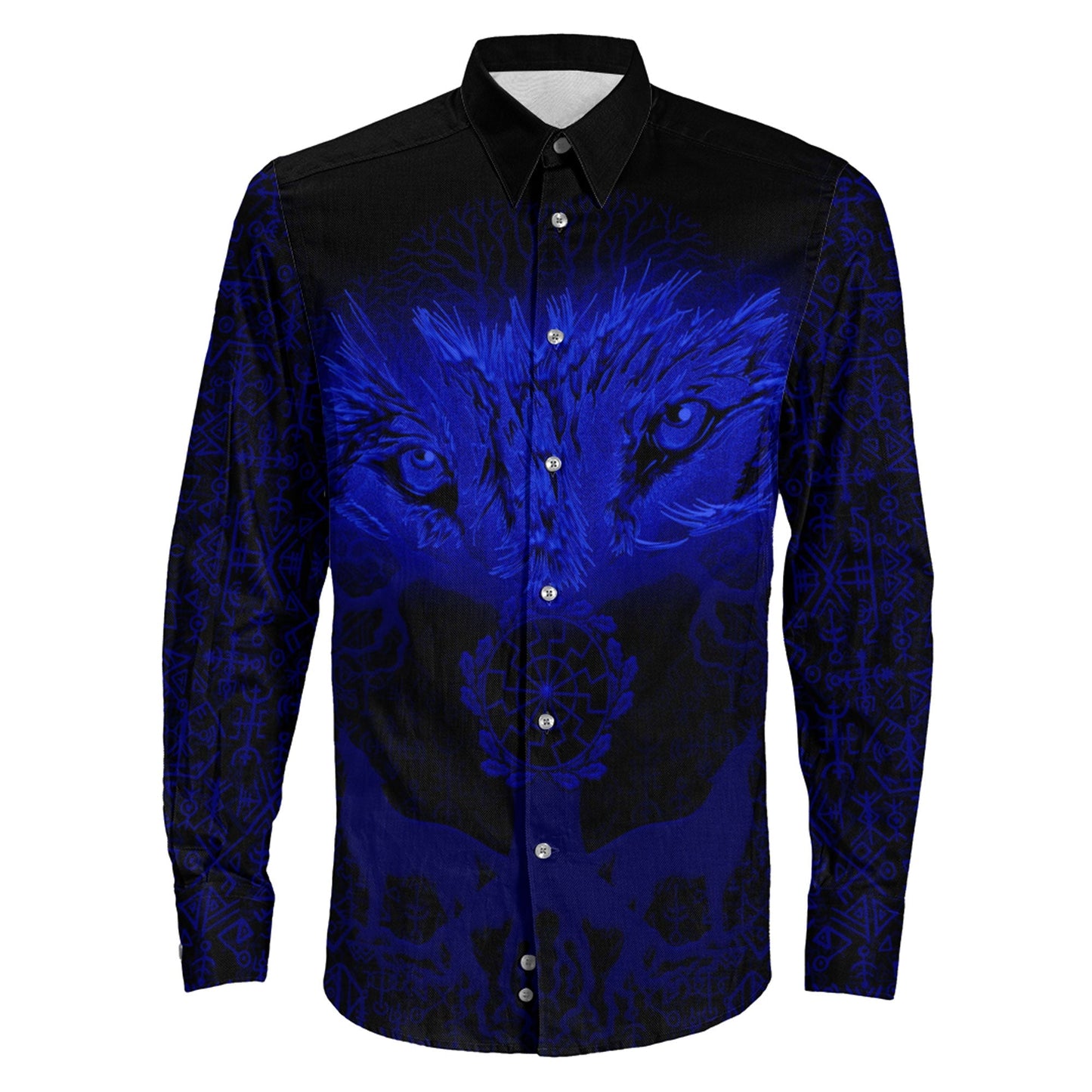 Tree And Wolf Blue viking Long Sleeve Button Shirt