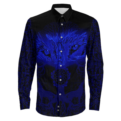 Tree And Wolf Blue viking Long Sleeve Button Shirt
