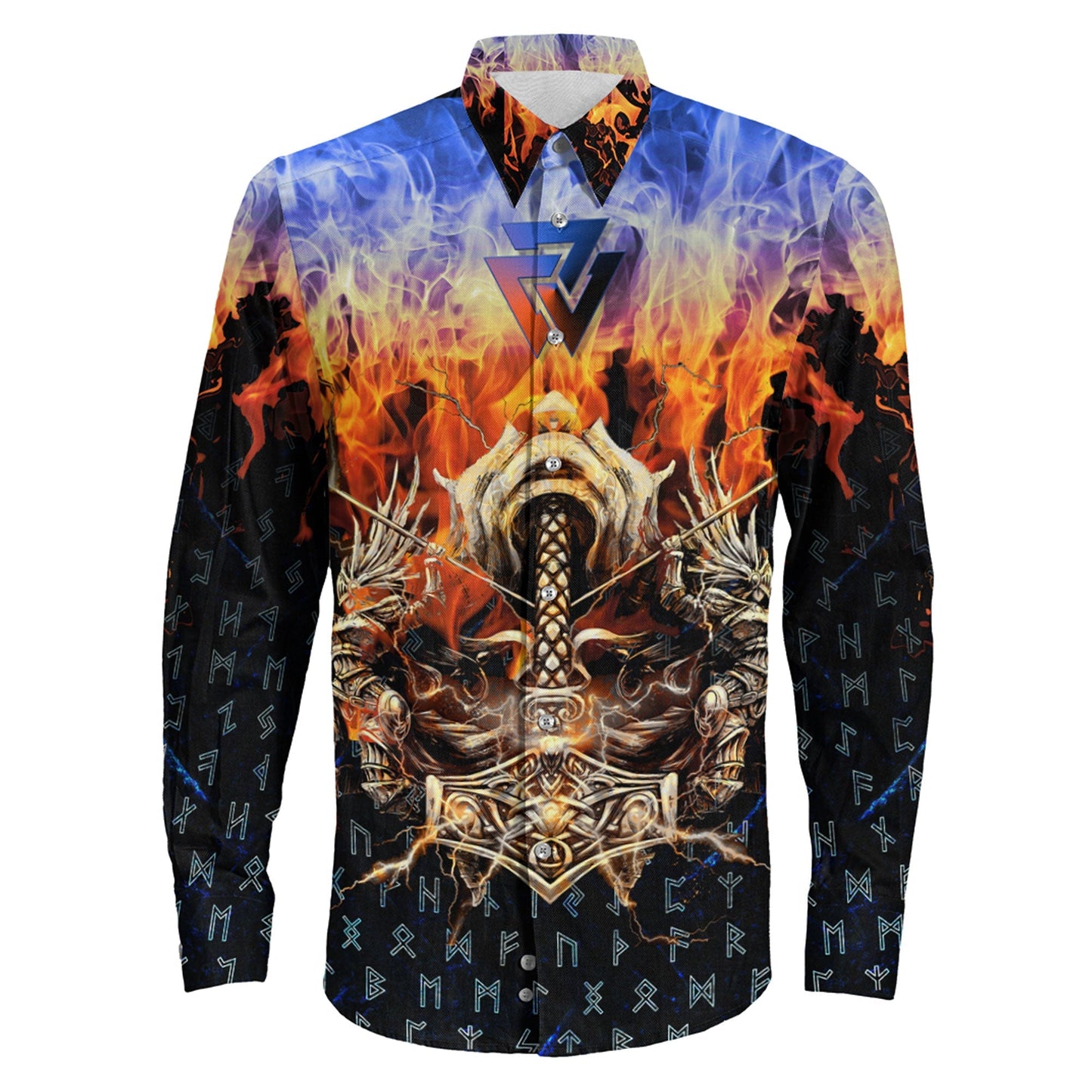 VikingStyle Clothing -Viking Valkyrie Warrirors Valknut Fire Gradiant Long Sleeve Button Shirt