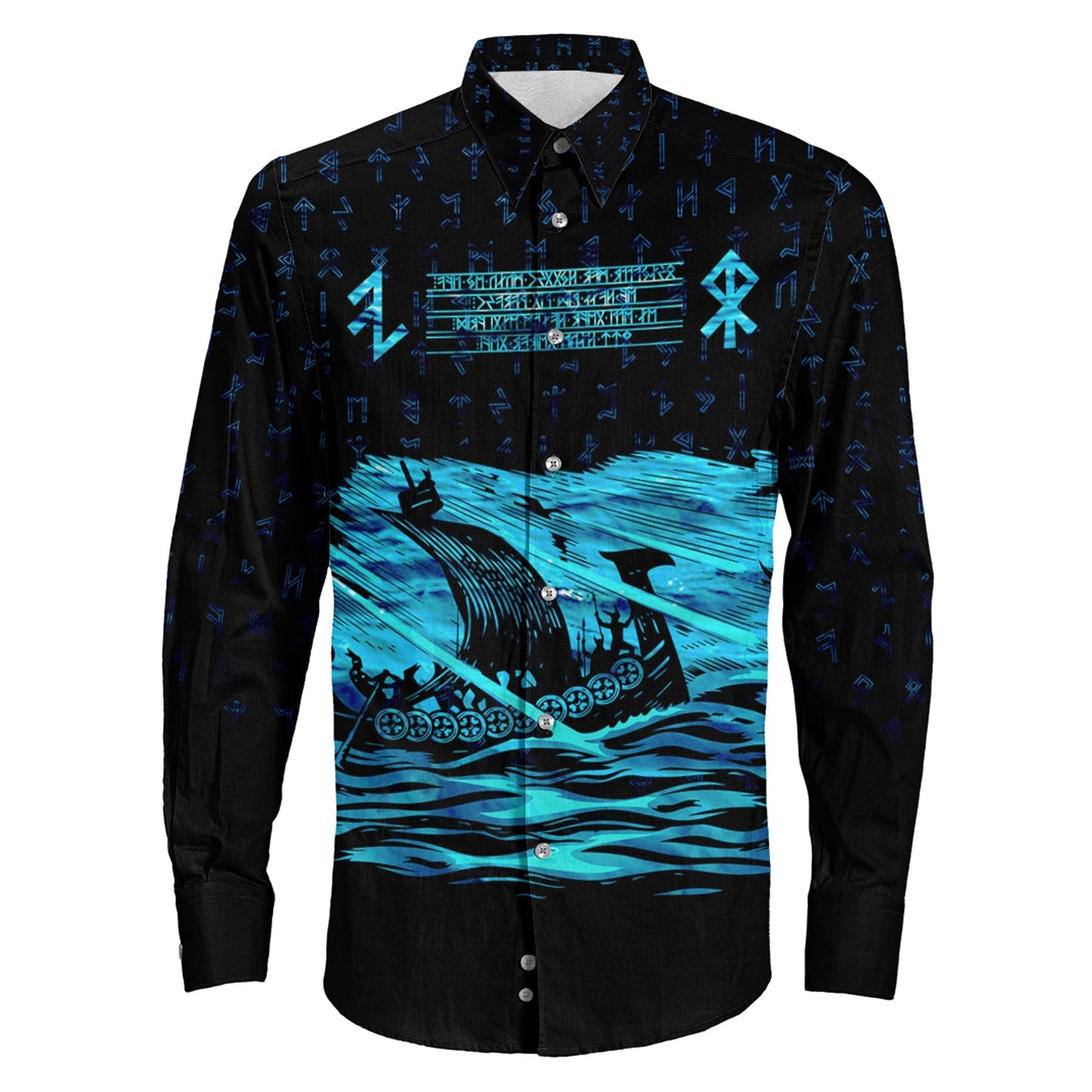 VikingStyle Clothing -Viking Drakkar Vintage Cyan Long Sleeve Button Shirt
