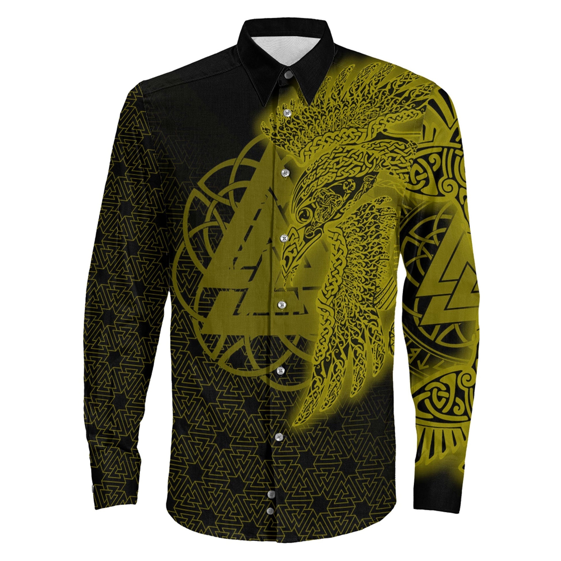 Raven Valknut Gold Viking Long Sleeve Button Shirt