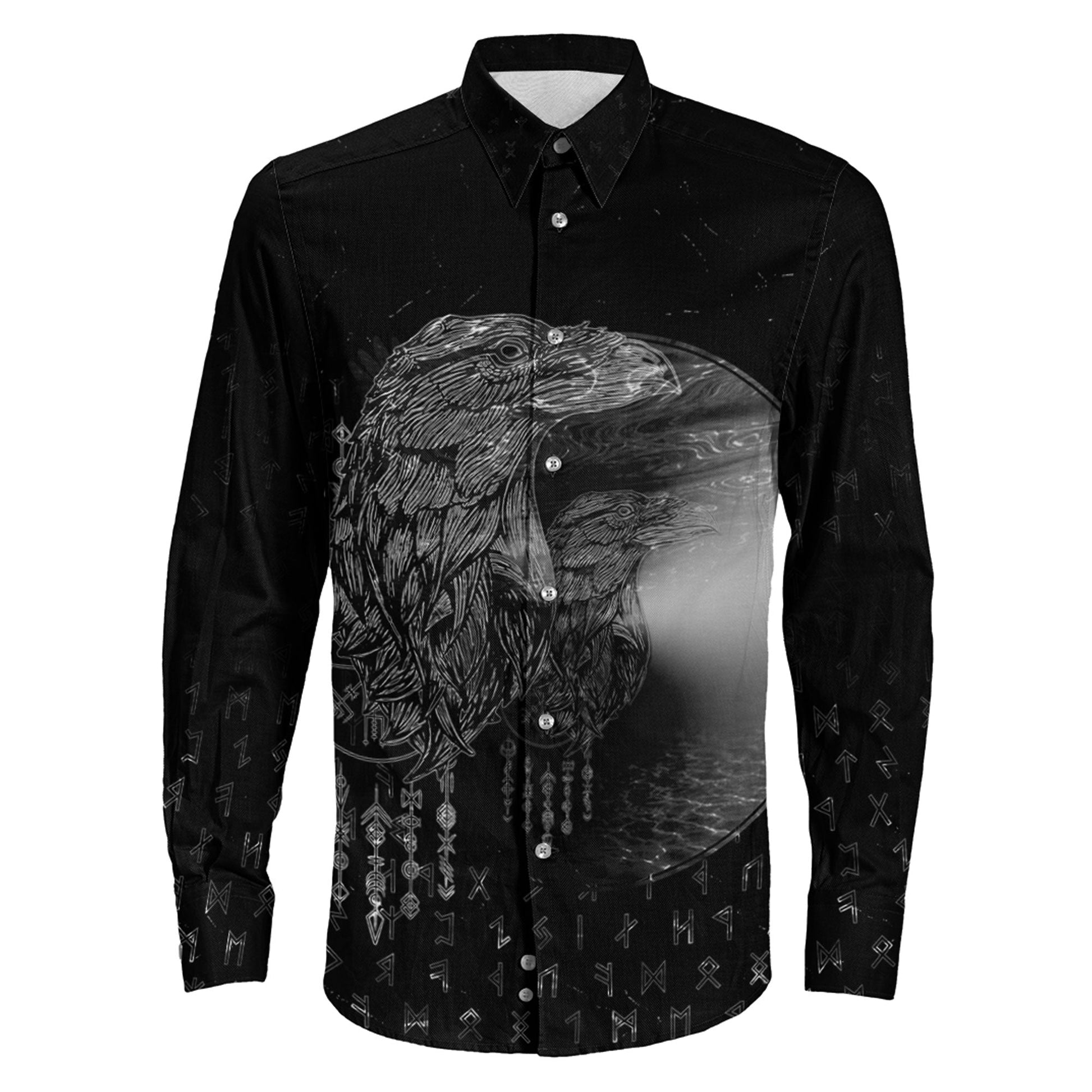 VikingStyle Clothing -Viking Raven Mirrior Long Sleeve Button Shirt