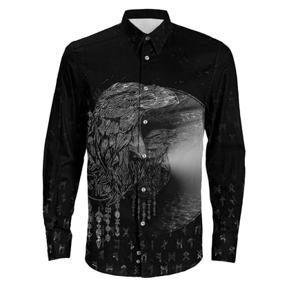 VikingStyle Clothing -Viking Raven Mirrior Long Sleeve Button Shirt