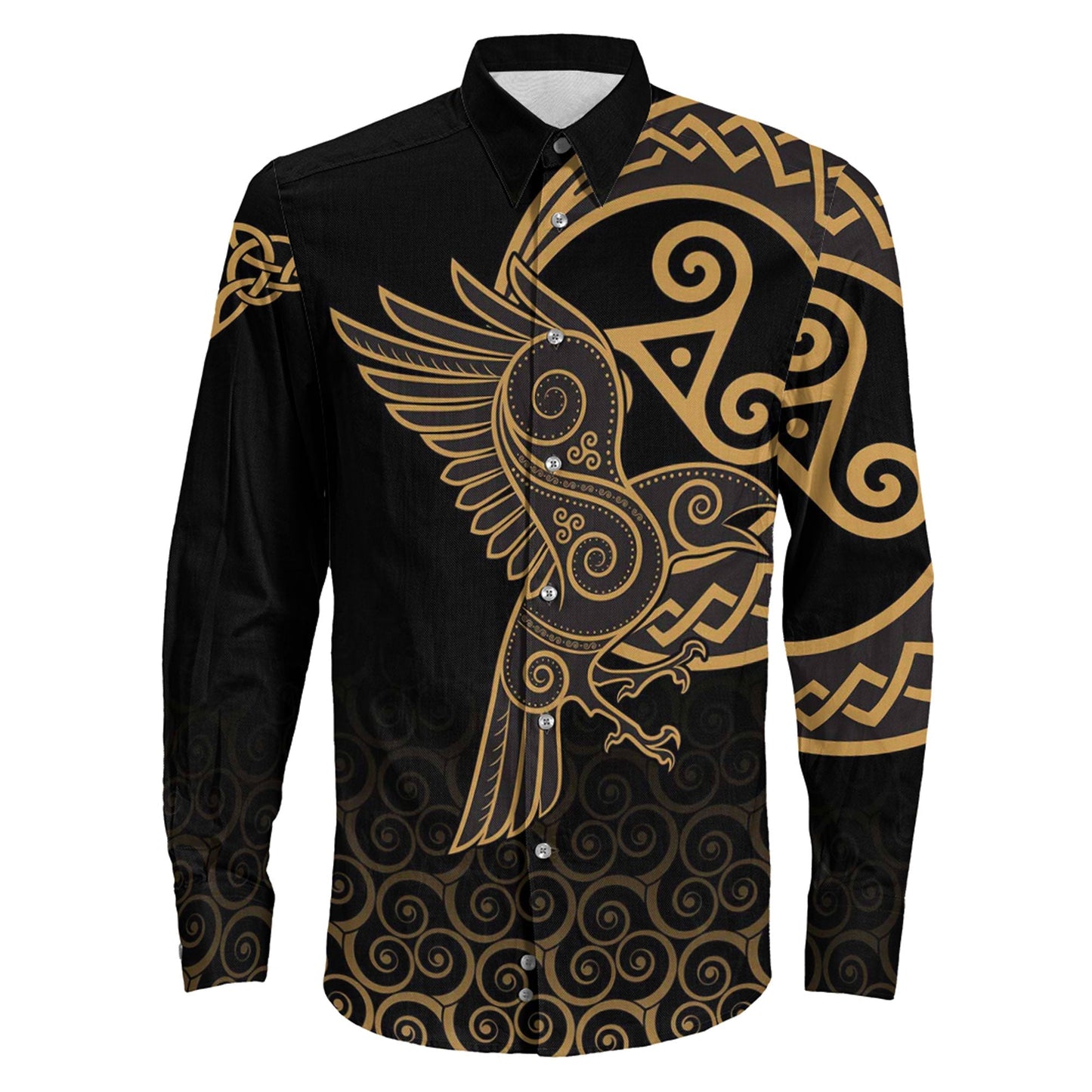 Raven Celtic Triskele Style Long Sleeve Button Shirt