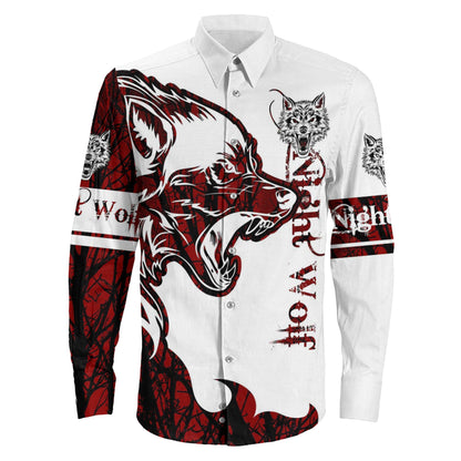 Night Wolf Red Brush Pattern Long Sleeve Button Shirt