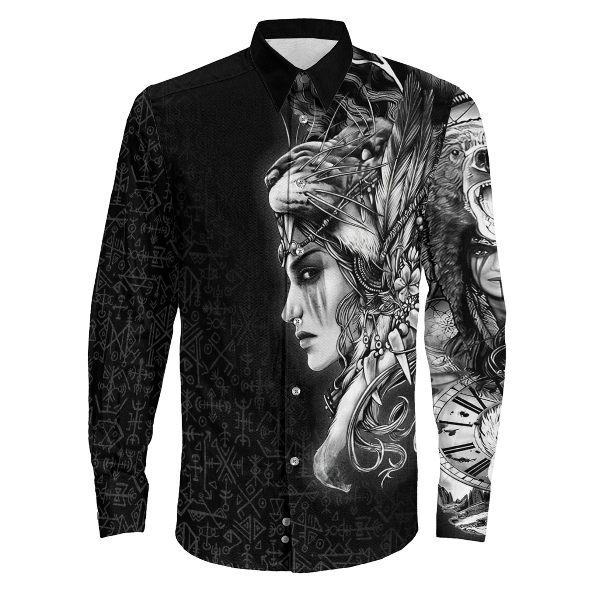Valkyries And Bear Raven Long Sleeve Button Shirt