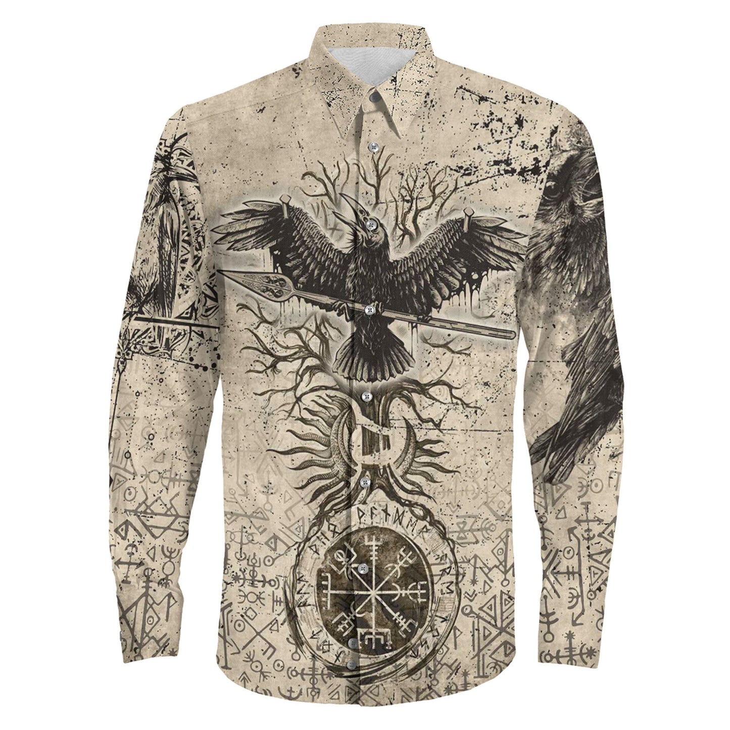 Viking Raven Carry Spear of Odin Vintage Long Sleeve Button Shirt