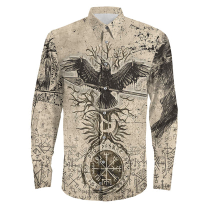 Viking Raven Carry Spear of Odin Vintage Long Sleeve Button Shirt
