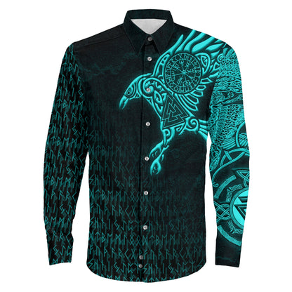 Raven Symbol Turquoise Viking Long Sleeve Button Shirt