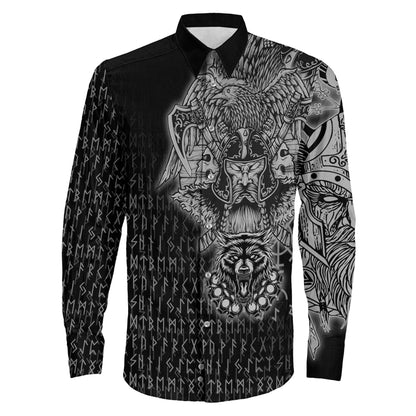 Odin And Raven Wolf Viking Long Sleeve Button Shirt