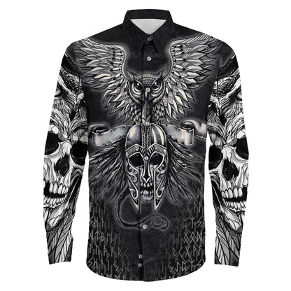 Owl Skull Silver Viking Long Sleeve Button Shirt