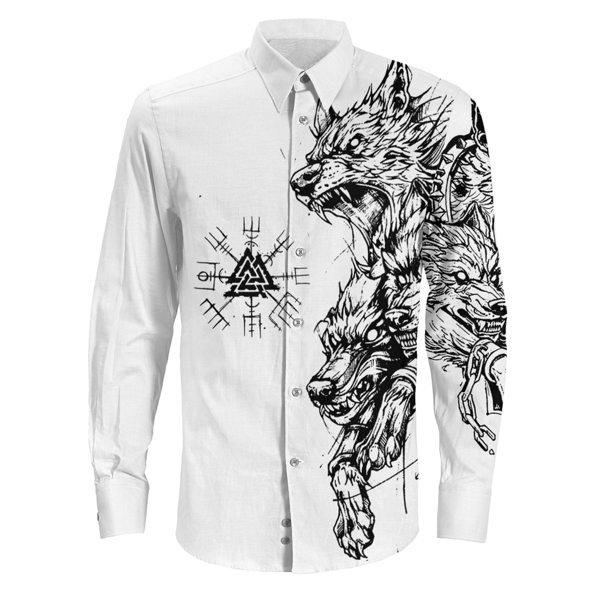 Viking Hell Wolf and Valknut Long Sleeve Button Shirt