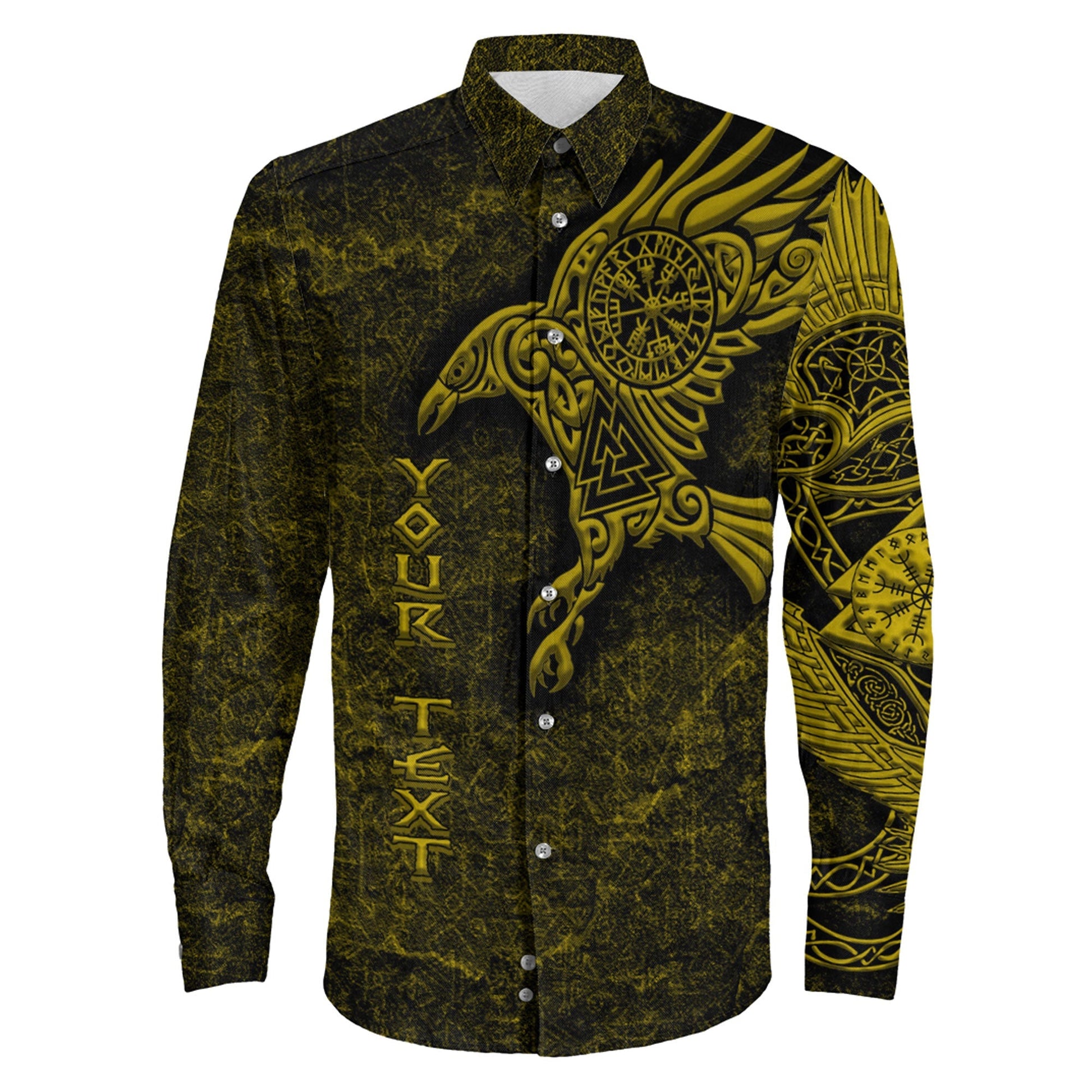 Raven Vegvisir Gold Custum Viking Long Sleeve Button Shirt