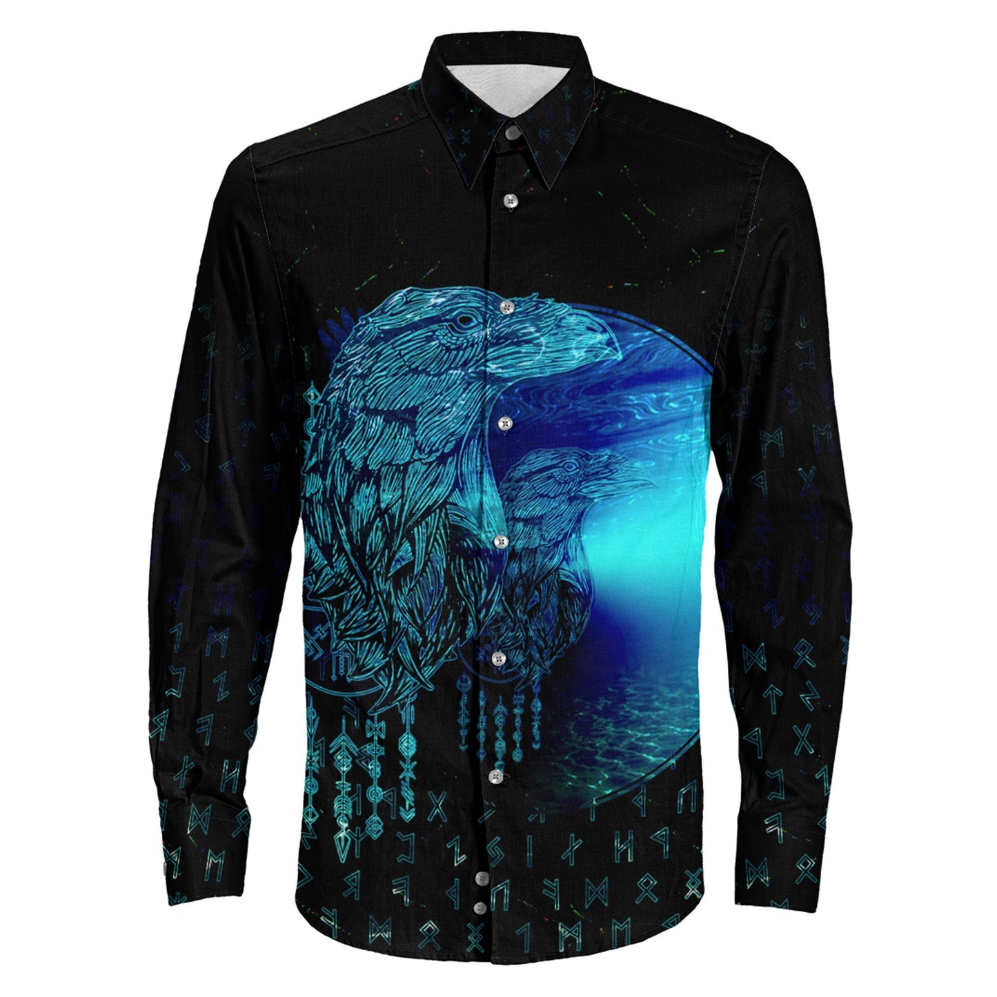 VikingStyle Clothing -Viking Raven Mirrior Cyan Long Sleeve Button Shirt