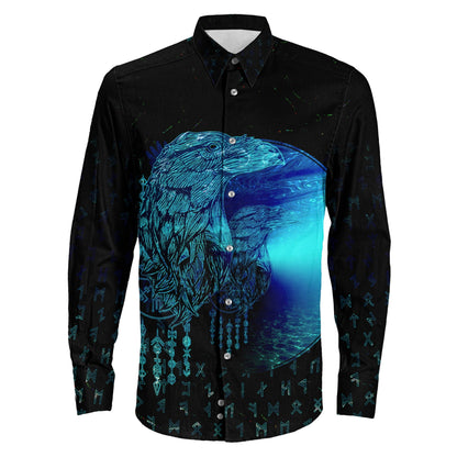 VikingStyle Clothing -Viking Raven Mirrior Cyan Long Sleeve Button Shirt