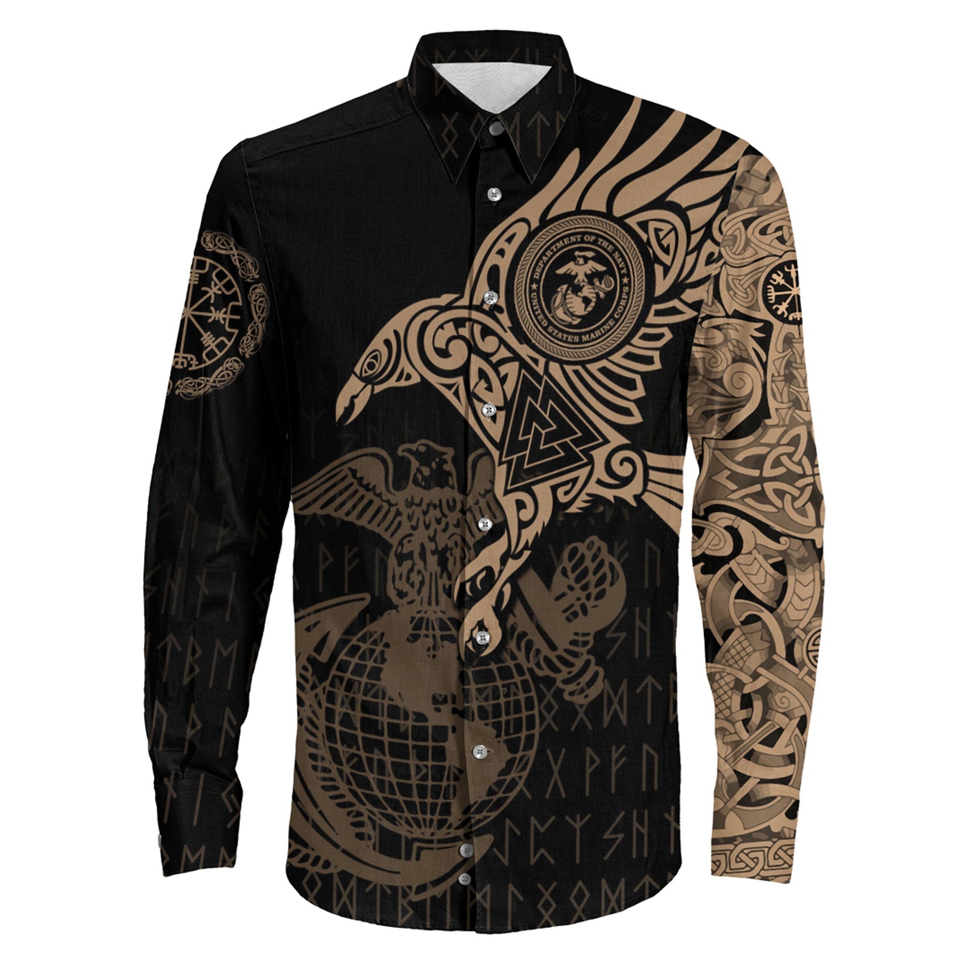 Long Sleeve Button Shirt - The Raven Of Odin Tattoo Army Version 