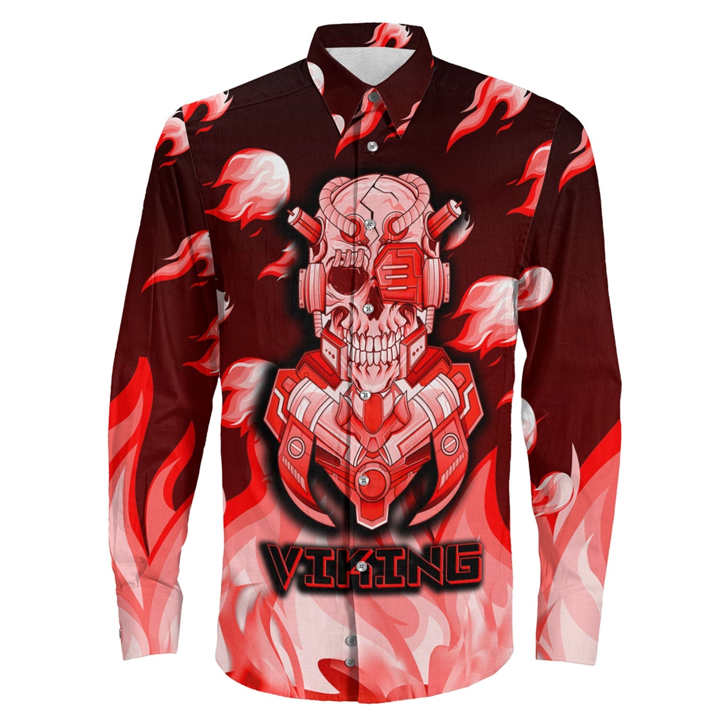 Viking 3D Robo Warrior Red Fire Pattern Long Sleeve Button Shirt