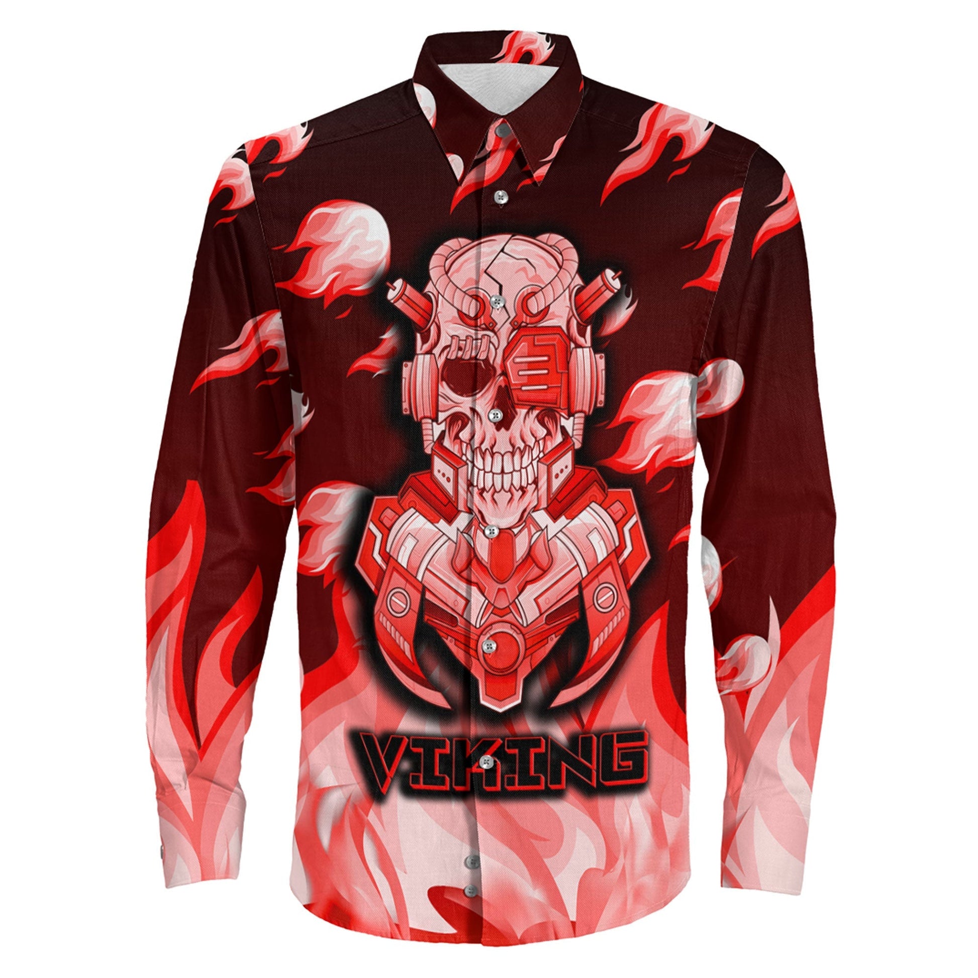 Viking 3D Robo Warrior Red Fire Pattern Long Sleeve Button Shirt