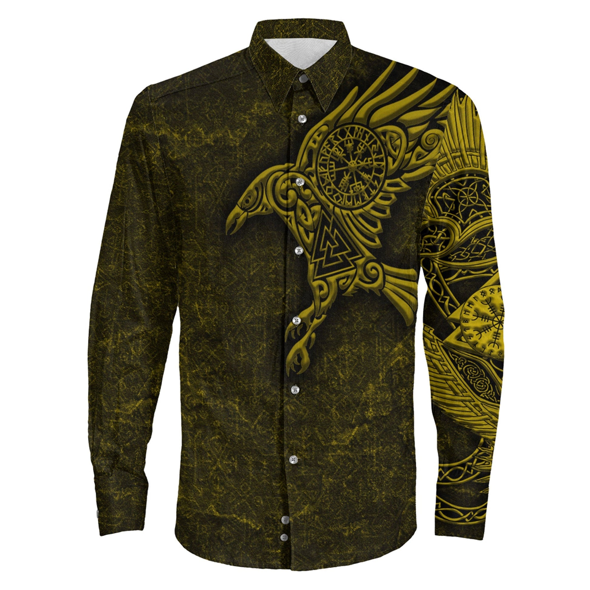 Raven Vegvisir Gold Viking Long Sleeve Button Shirt