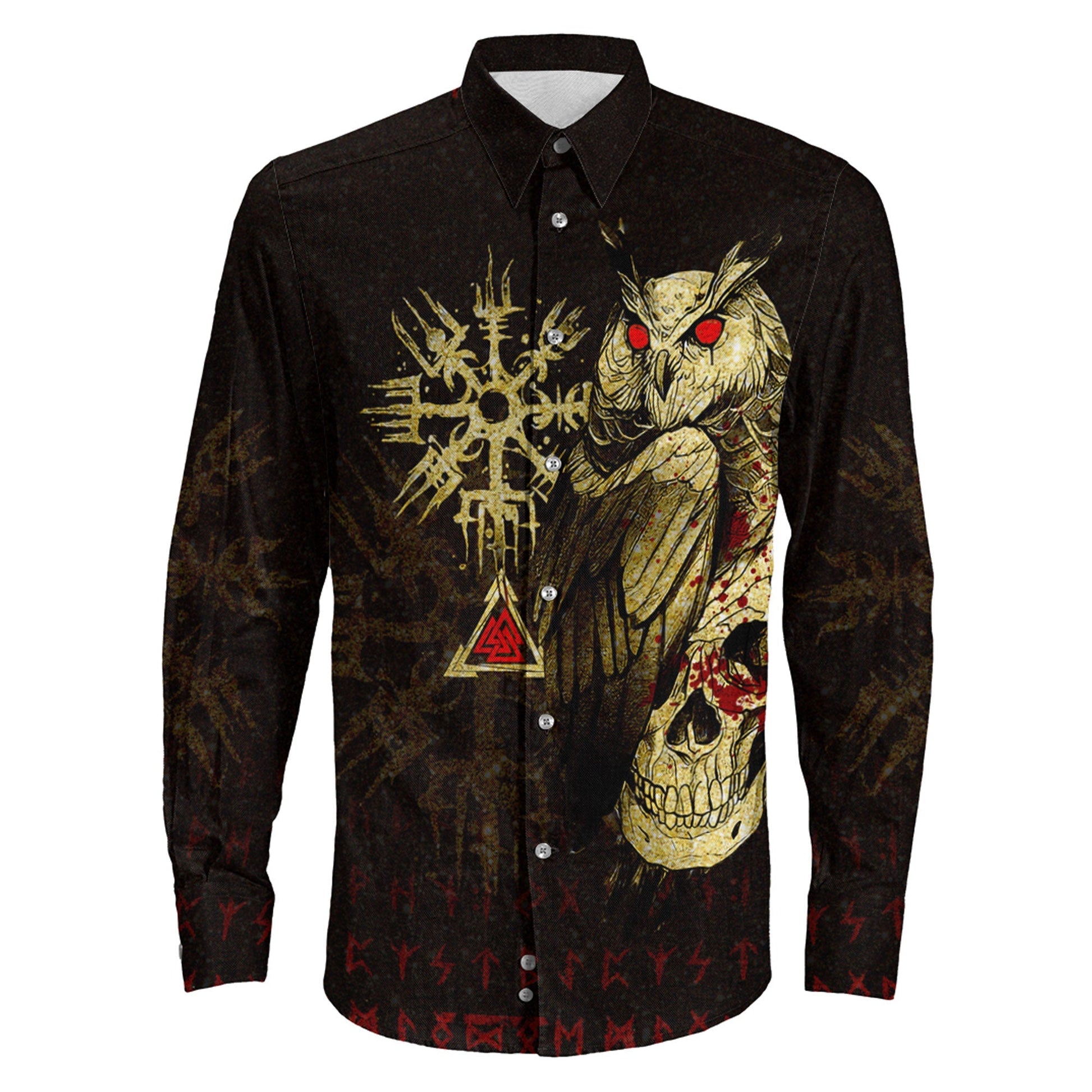 Viking Owl Skull Blood Gold Style Long Sleeve Button Shirt