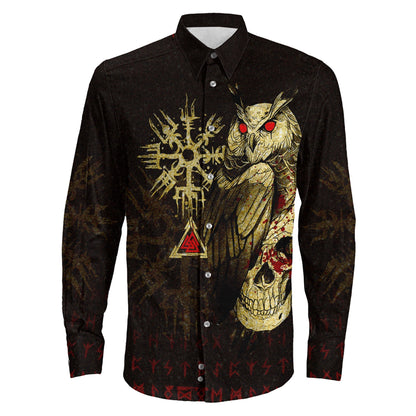 Viking Owl Skull Blood Gold Style Long Sleeve Button Shirt
