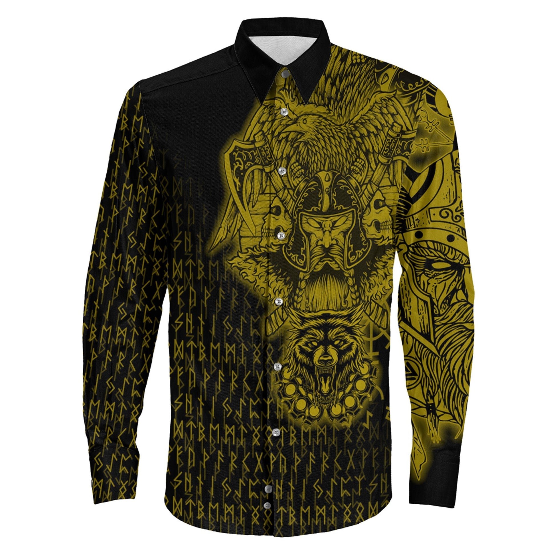 Odin And Raven Wolf Gold Viking Long Sleeve Button Shirt