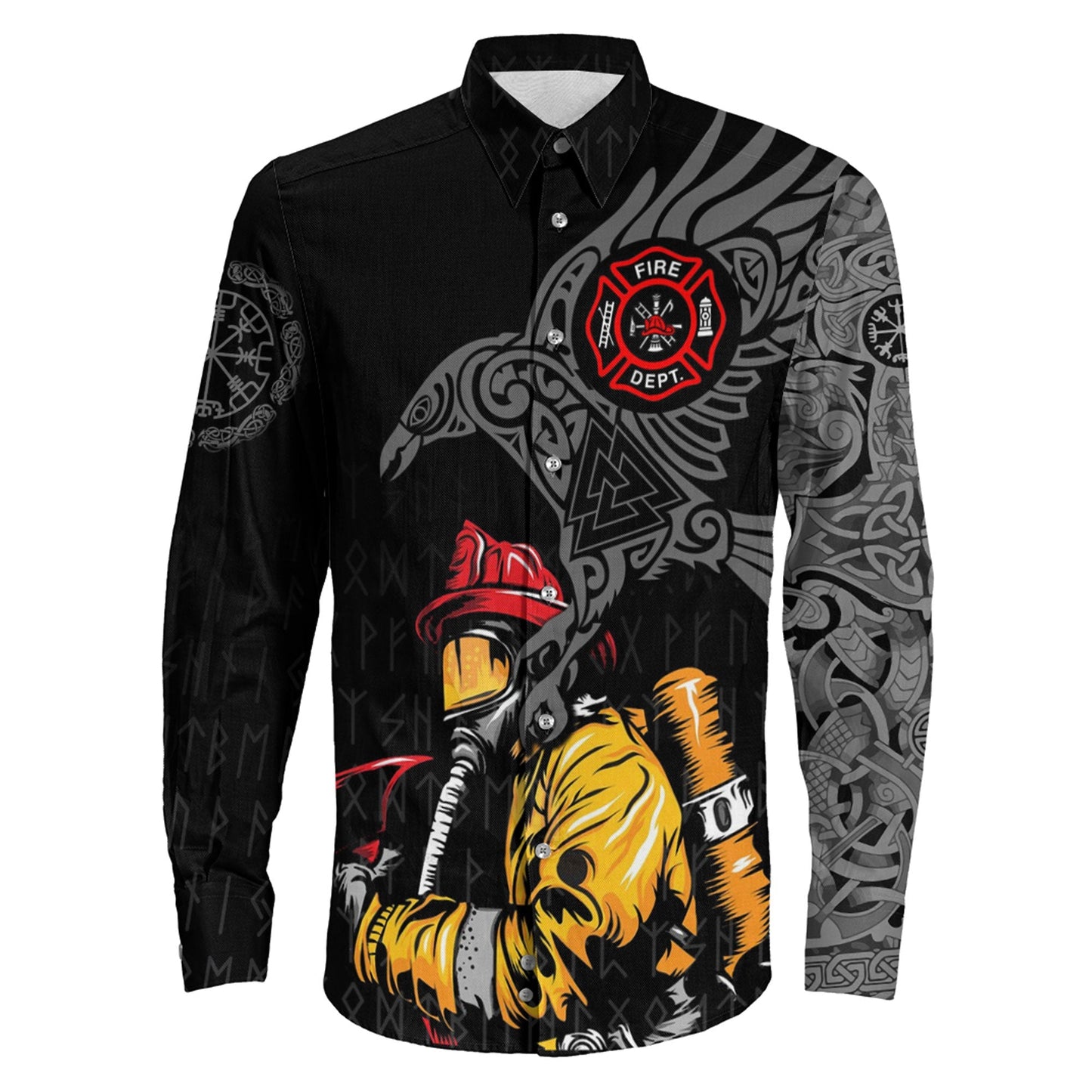 Long Sleeve Button Shirt - The Raven Of Odin Tattoo Firefighter 