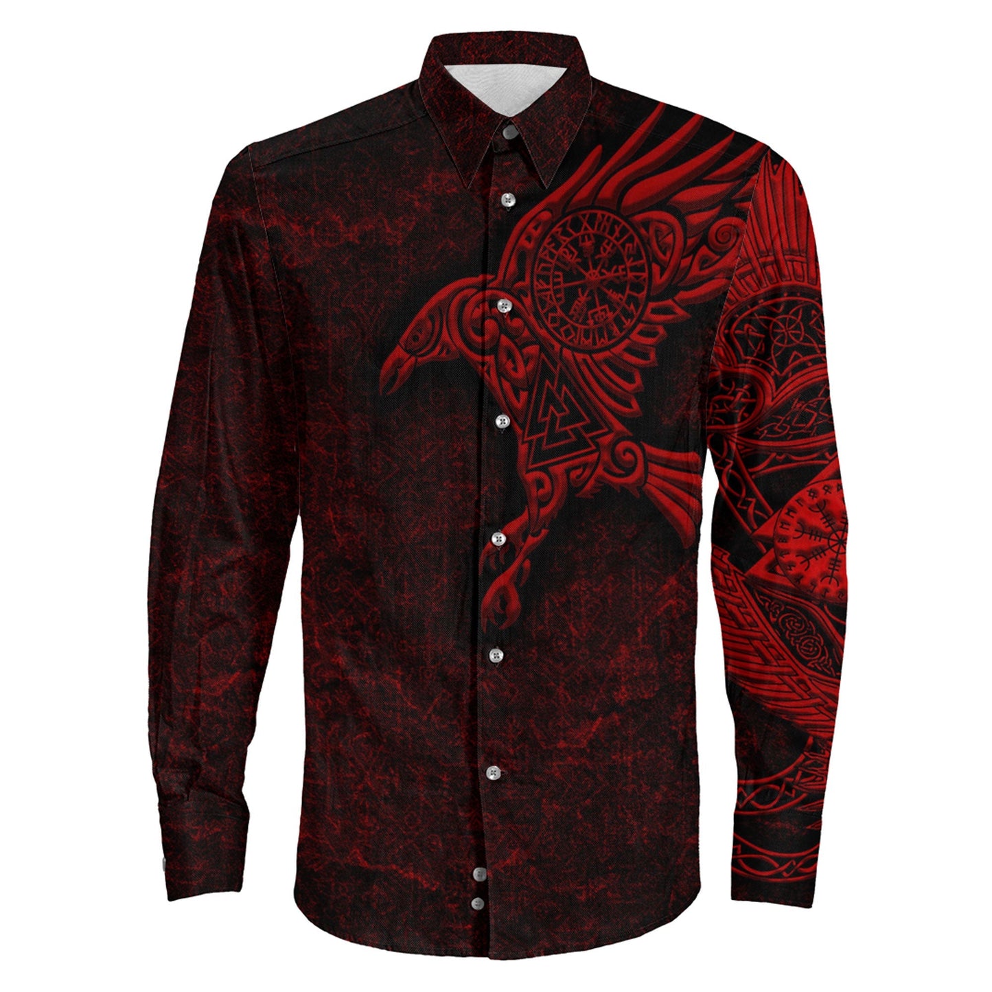 Raven Vegvisir Red Viking Long Sleeve Button Shirt