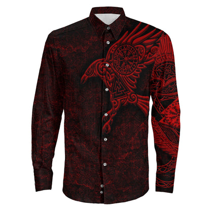 Raven Vegvisir Red Viking Long Sleeve Button Shirt