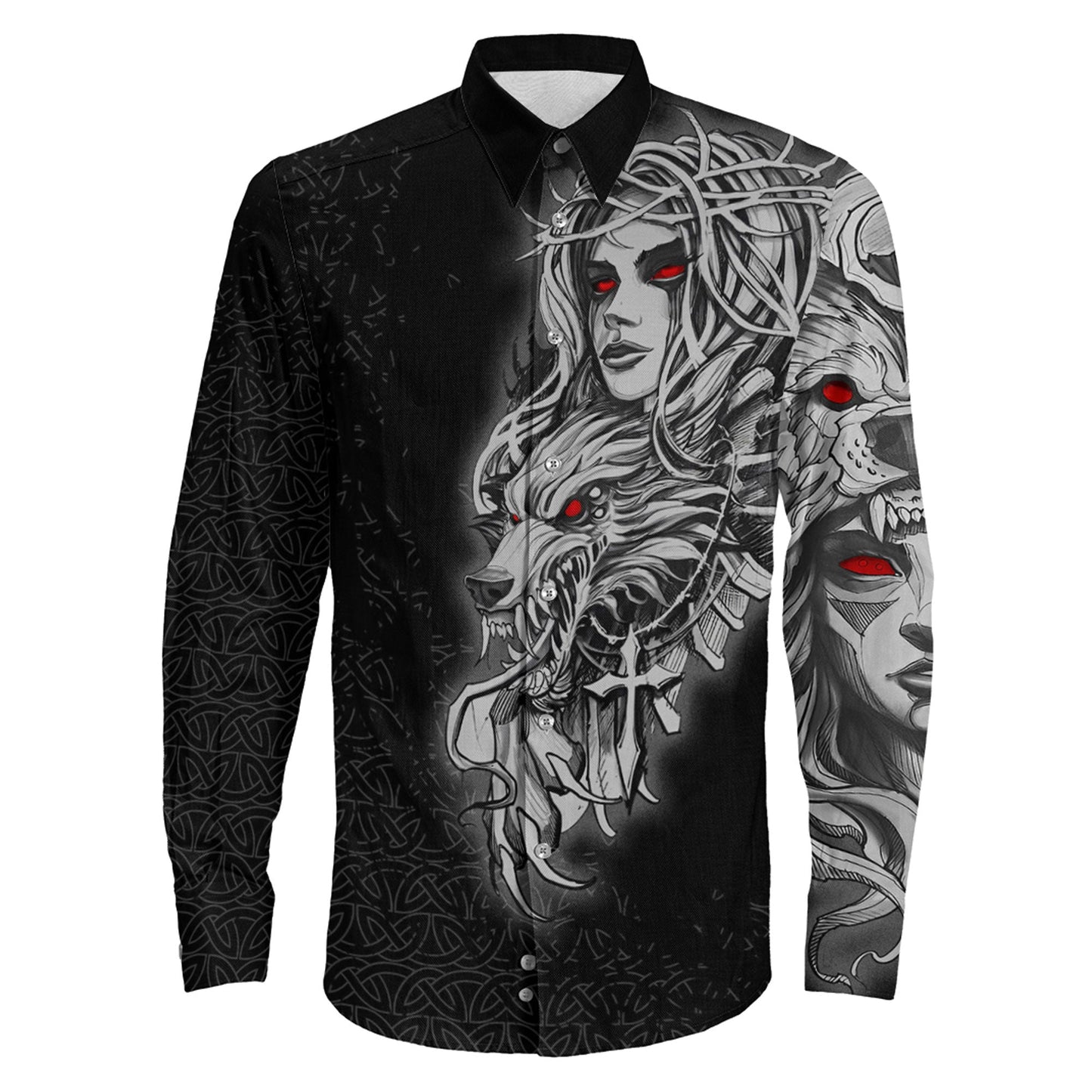Valkyries And Wolf Long Sleeve Button Shirt