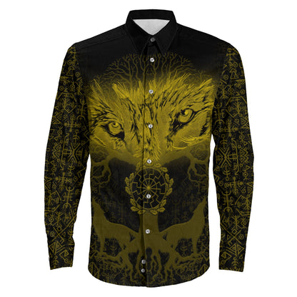 Tree And Wolf Gold viking Long Sleeve Button Shirt