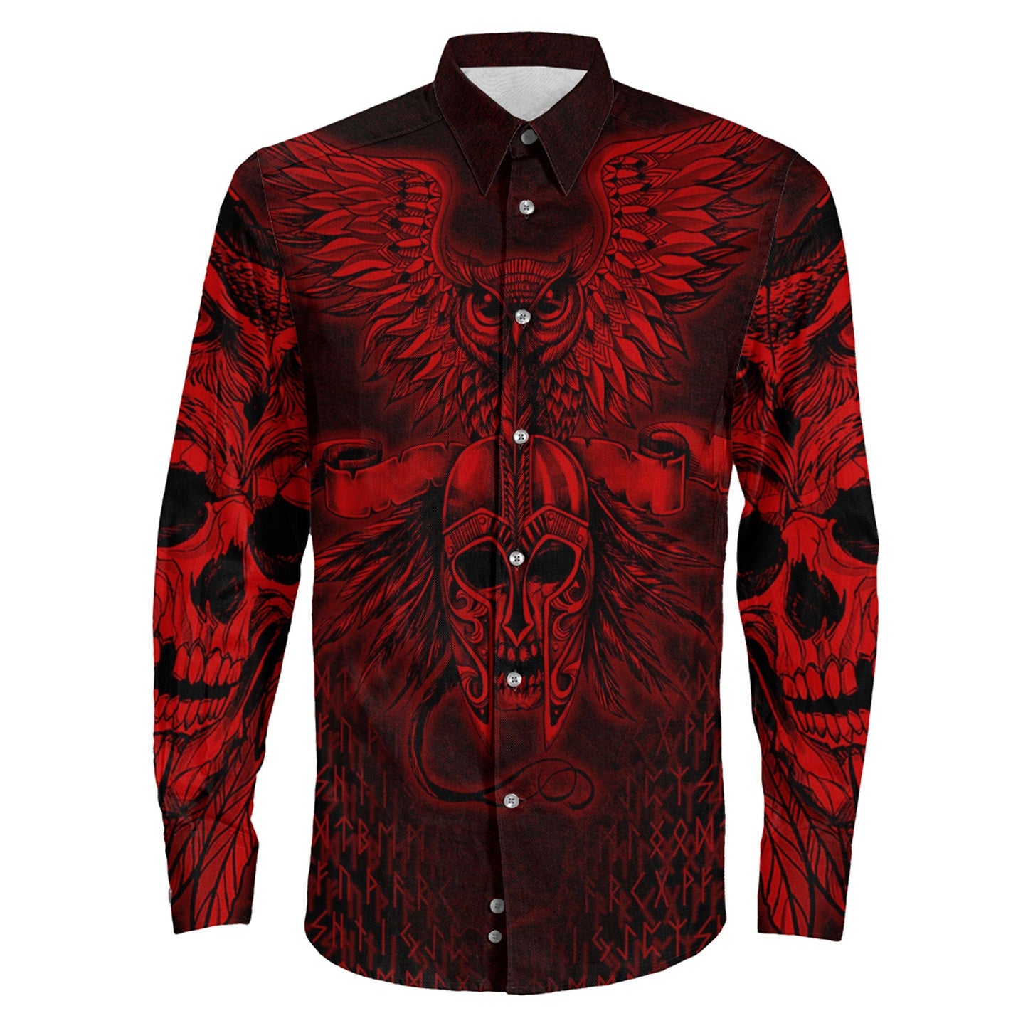 Owl Skull Red Viking Long Sleeve Button Shirt