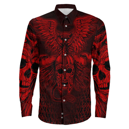 Owl Skull Red Viking Long Sleeve Button Shirt