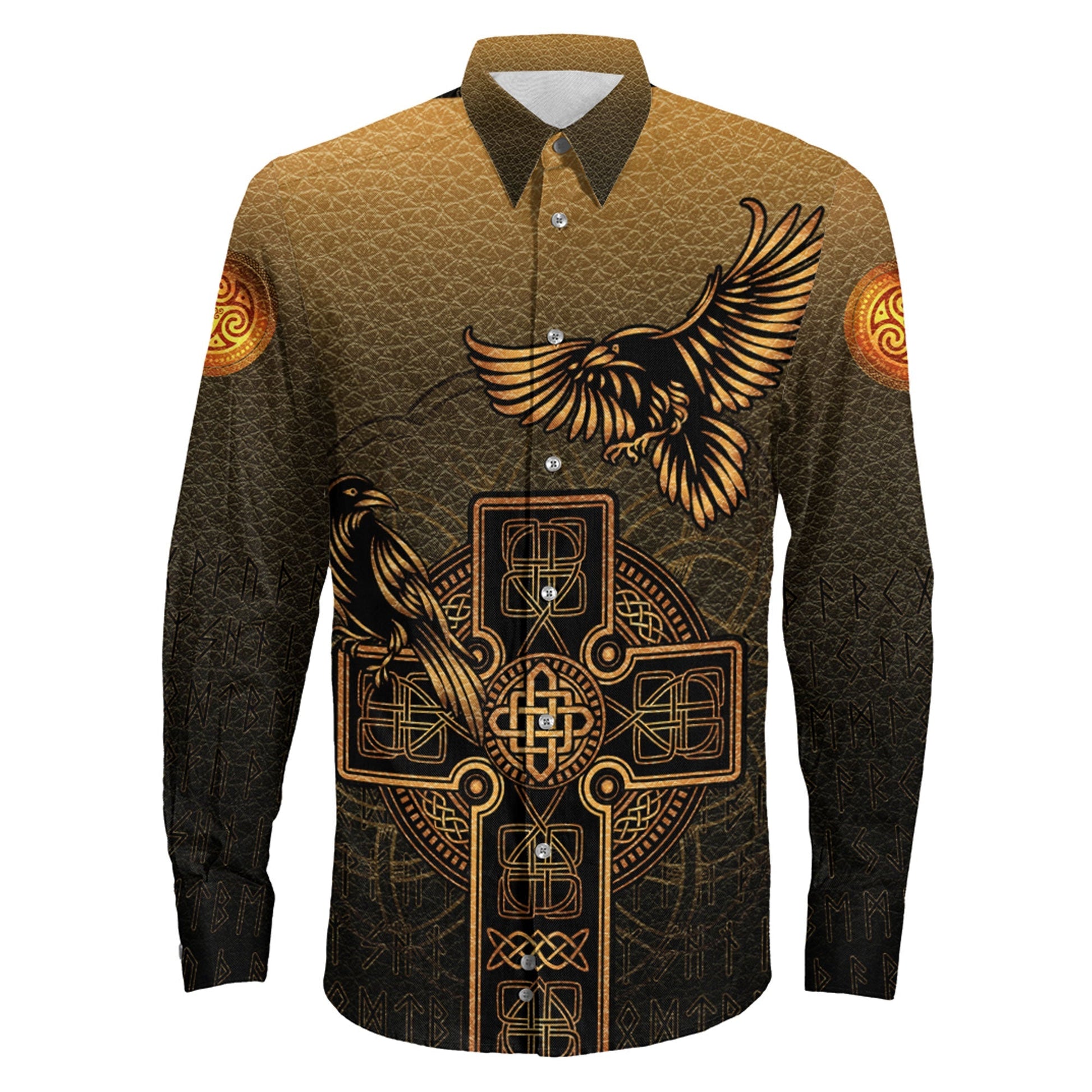 Hugin and Munin Gold Leather Background Long Sleeve Button Shirt