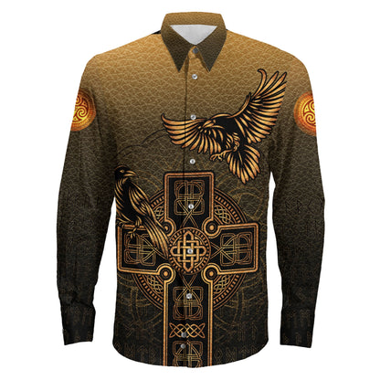 Hugin and Munin Gold Leather Background Long Sleeve Button Shirt