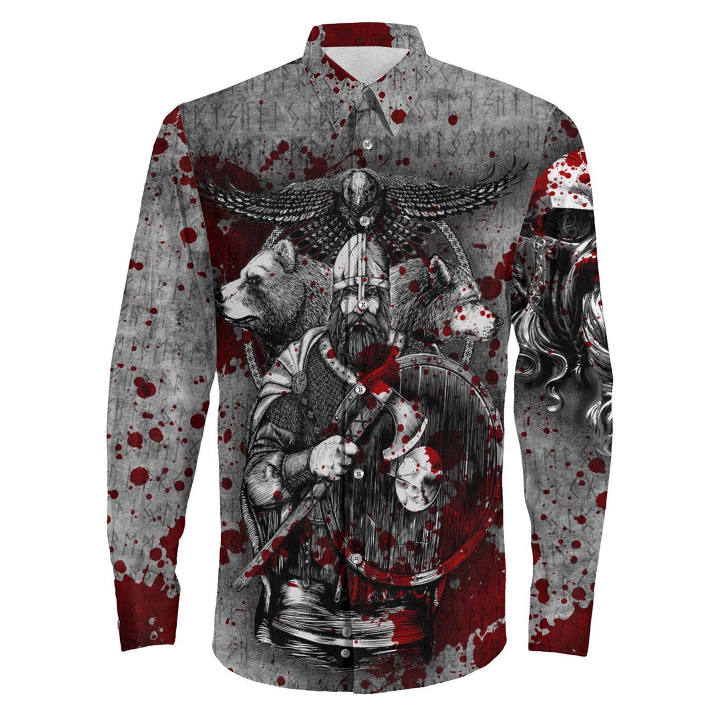 Viking Odin Bear Raven Wolf Blood Long Sleeve Button Shirt