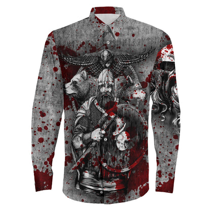 Viking Odin Bear Raven Wolf Blood Long Sleeve Button Shirt