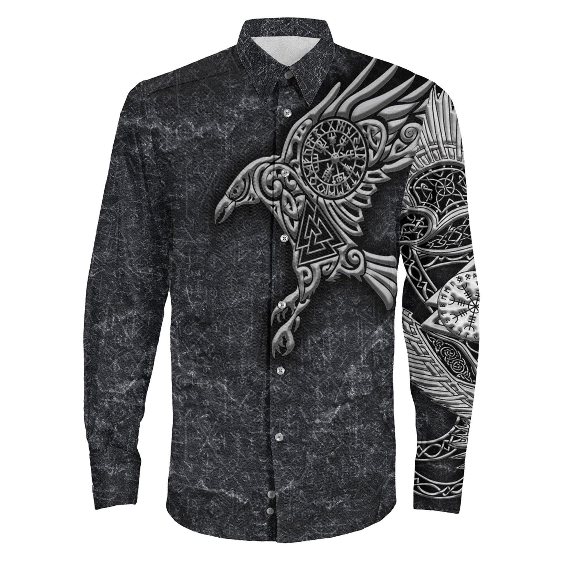 Raven Vegvisir Viking Long Sleeve Button Shirt