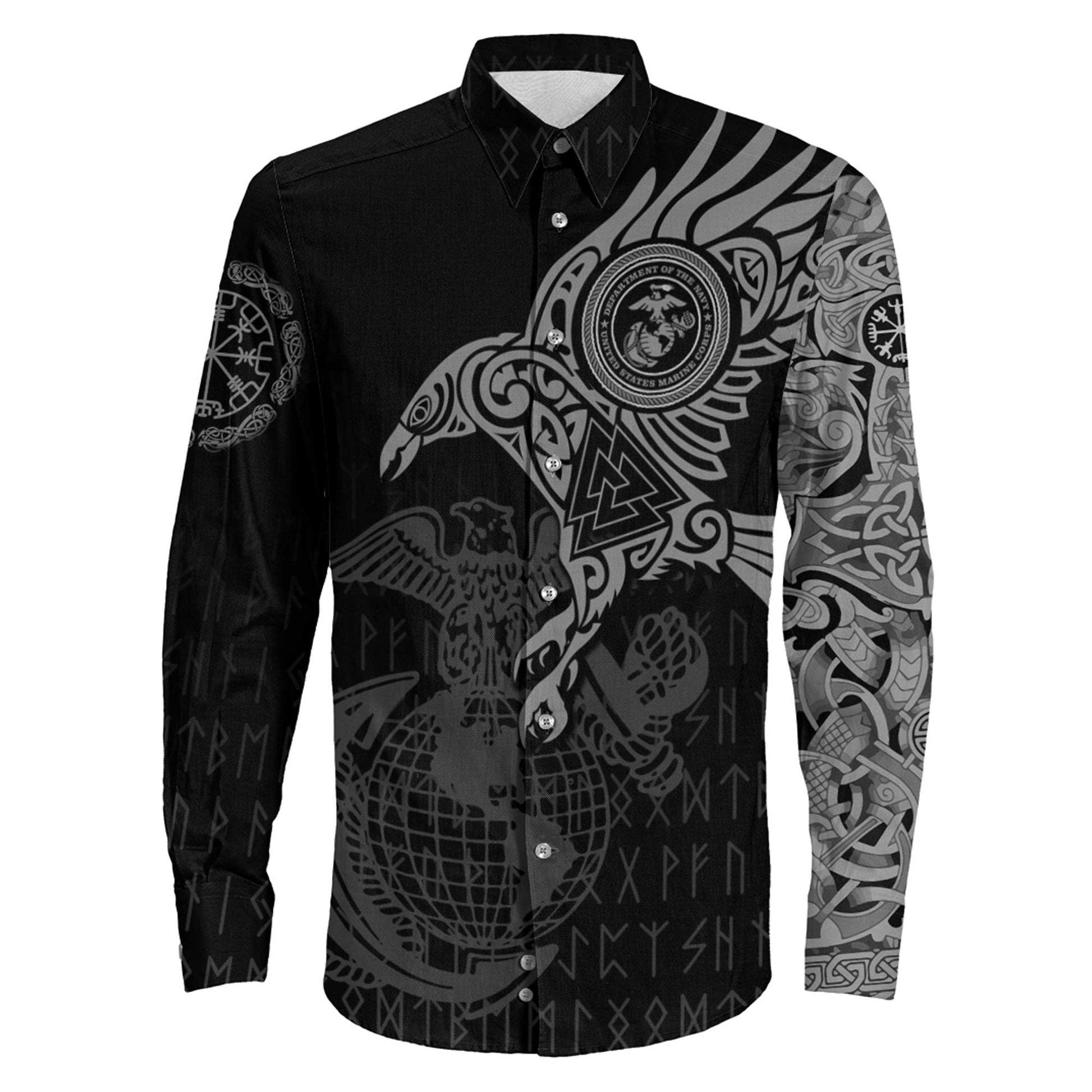 Long Sleeve Button Shirt - The Raven Of Odin Tattoo Army 
