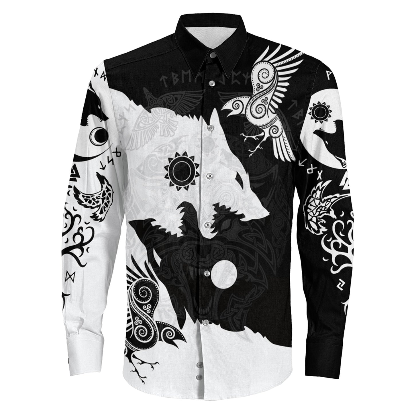 Raven Viking Skoll and Hati Black and White Long Sleeve Button Shirt