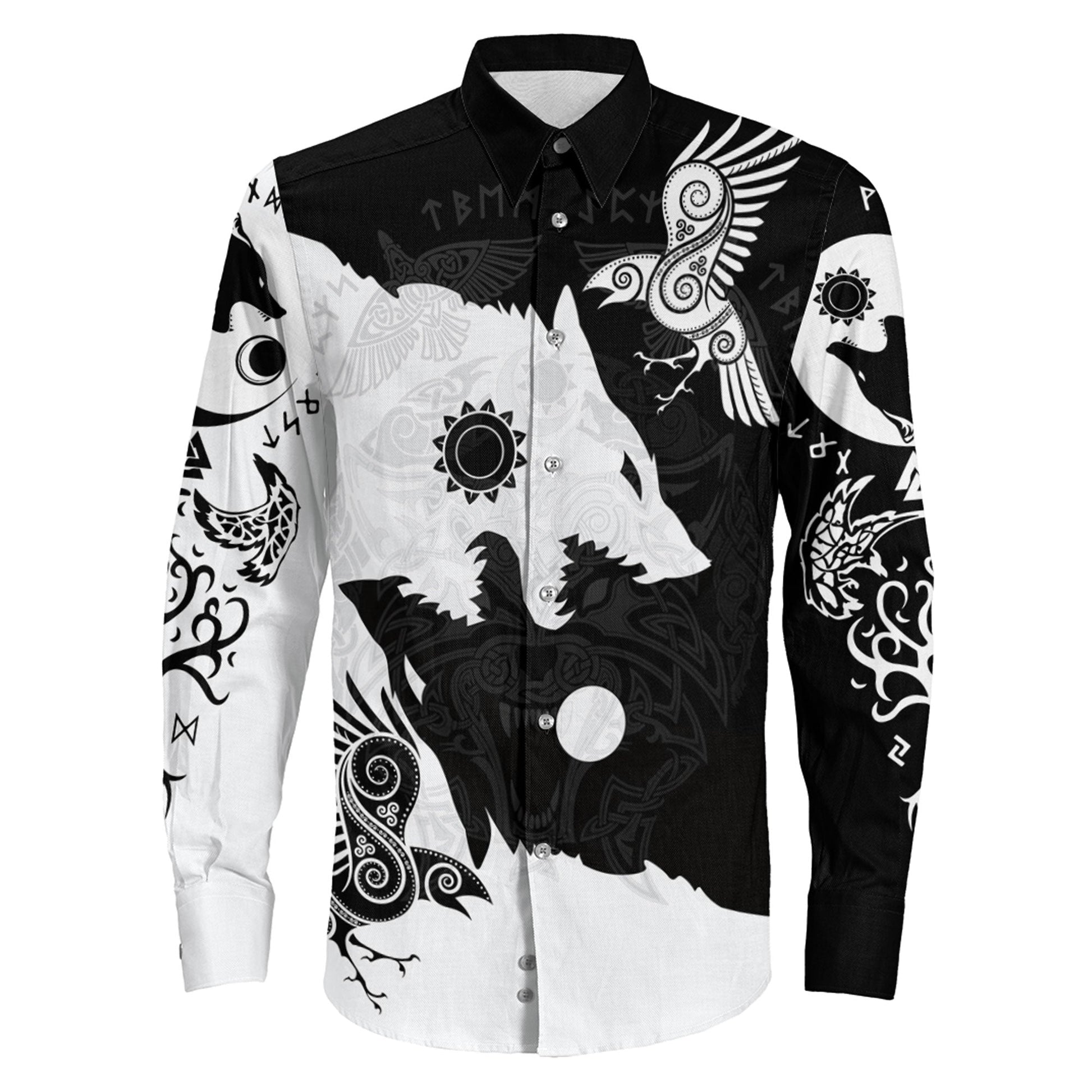 Raven Viking Skoll and Hati Black and White Long Sleeve Button Shirt