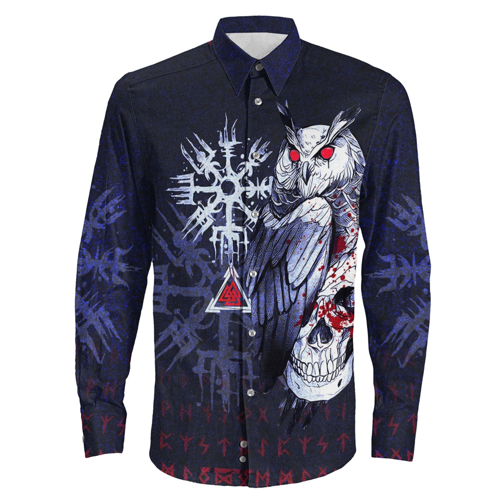 Viking Owl Skull Blood Blue Style Long Sleeve Button Shirt